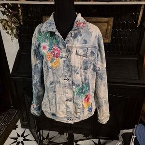 Retro Y2K Embroidered Sun Bleached Denim Jacket Diane Gilman 90s Tropical